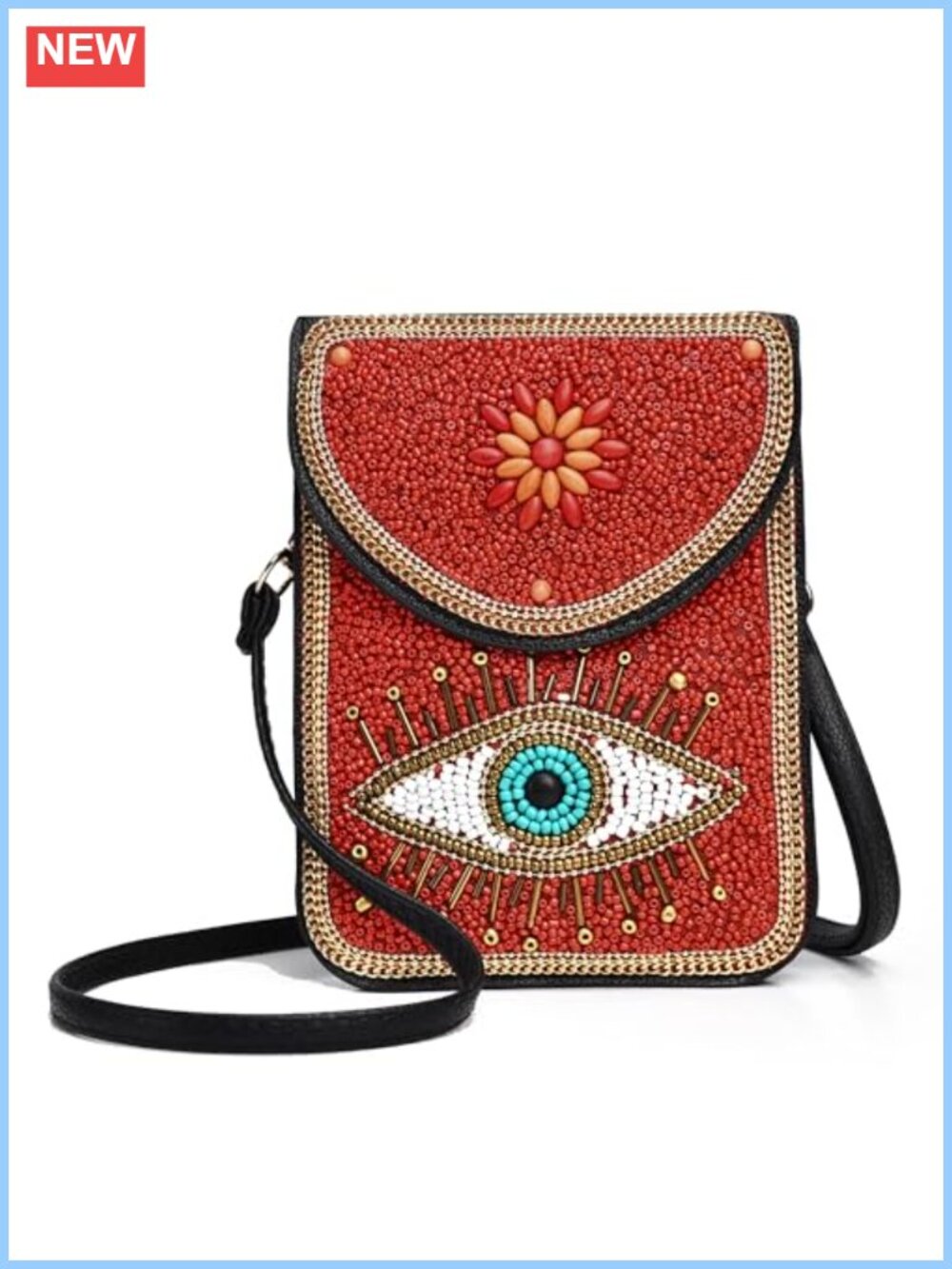 Handmade Boho Crossbody Phone Bag Beaded Wallet Purse with Metal Chain